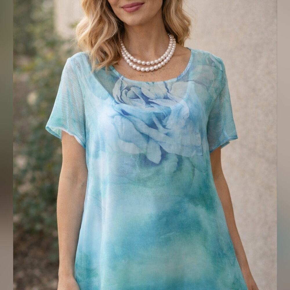 One World Women's Blue Teal Rose Print Short Sleeve Tunic Sz L